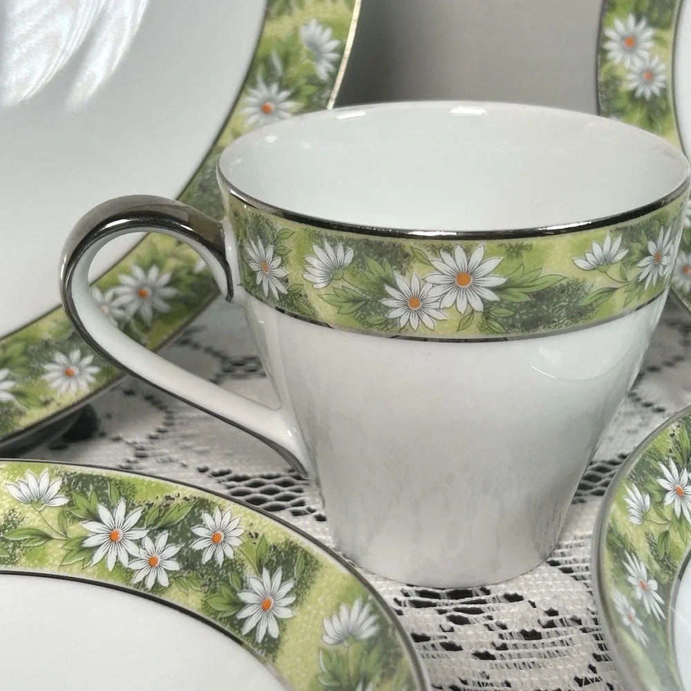 5 Pc Setting Mikasa Marianne Dinnerware Floral Daisy Green White Silver Trim #1